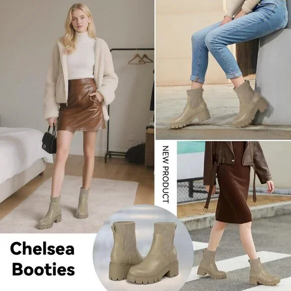 Women’s Taupe Platform Chelsea Boots Lug Sole Chunky Slip On Ankle Booties - Picture 6 of 6